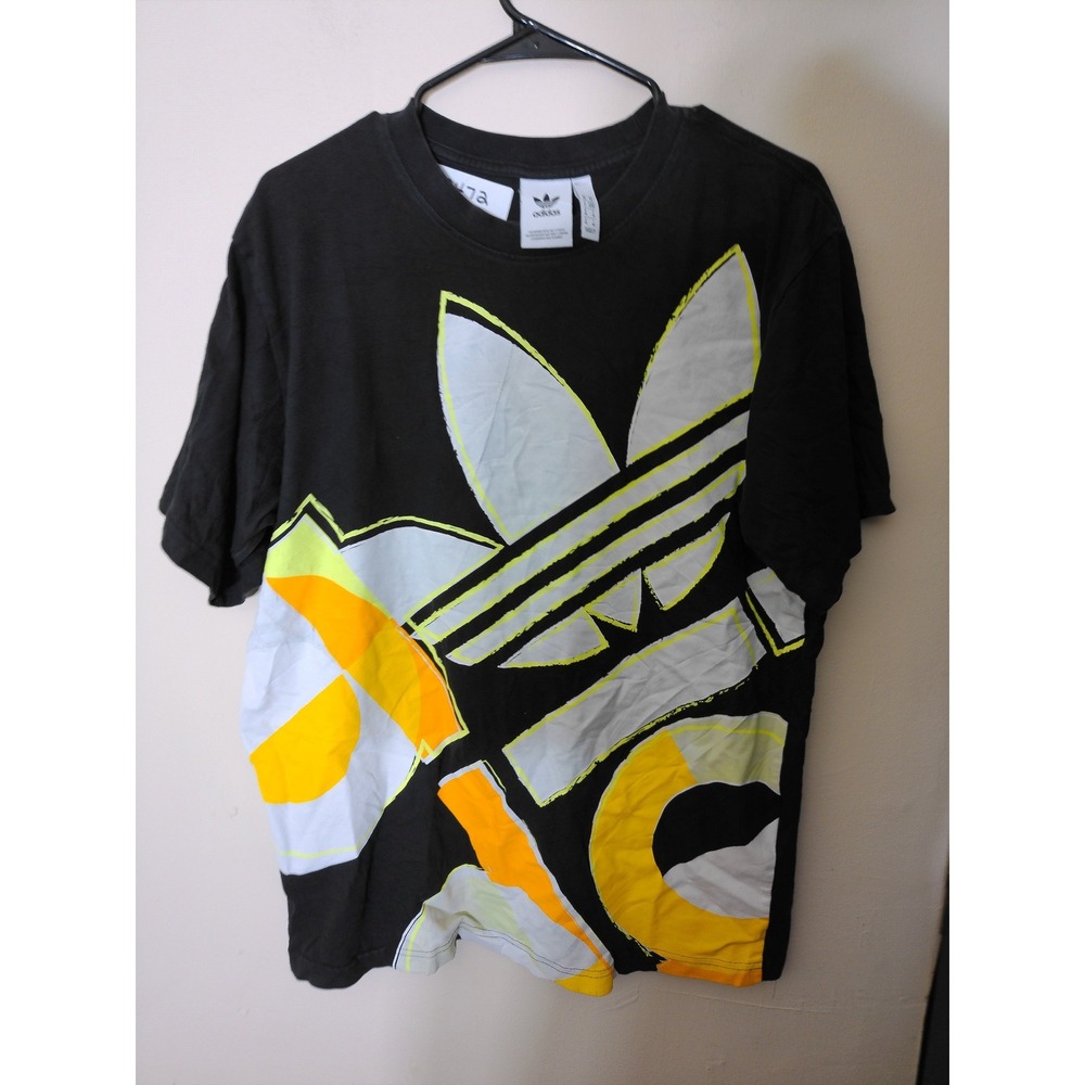 Adidas Graphic Tee Women Medium Black Yellow Trefoil Logo Streetwear Sporty